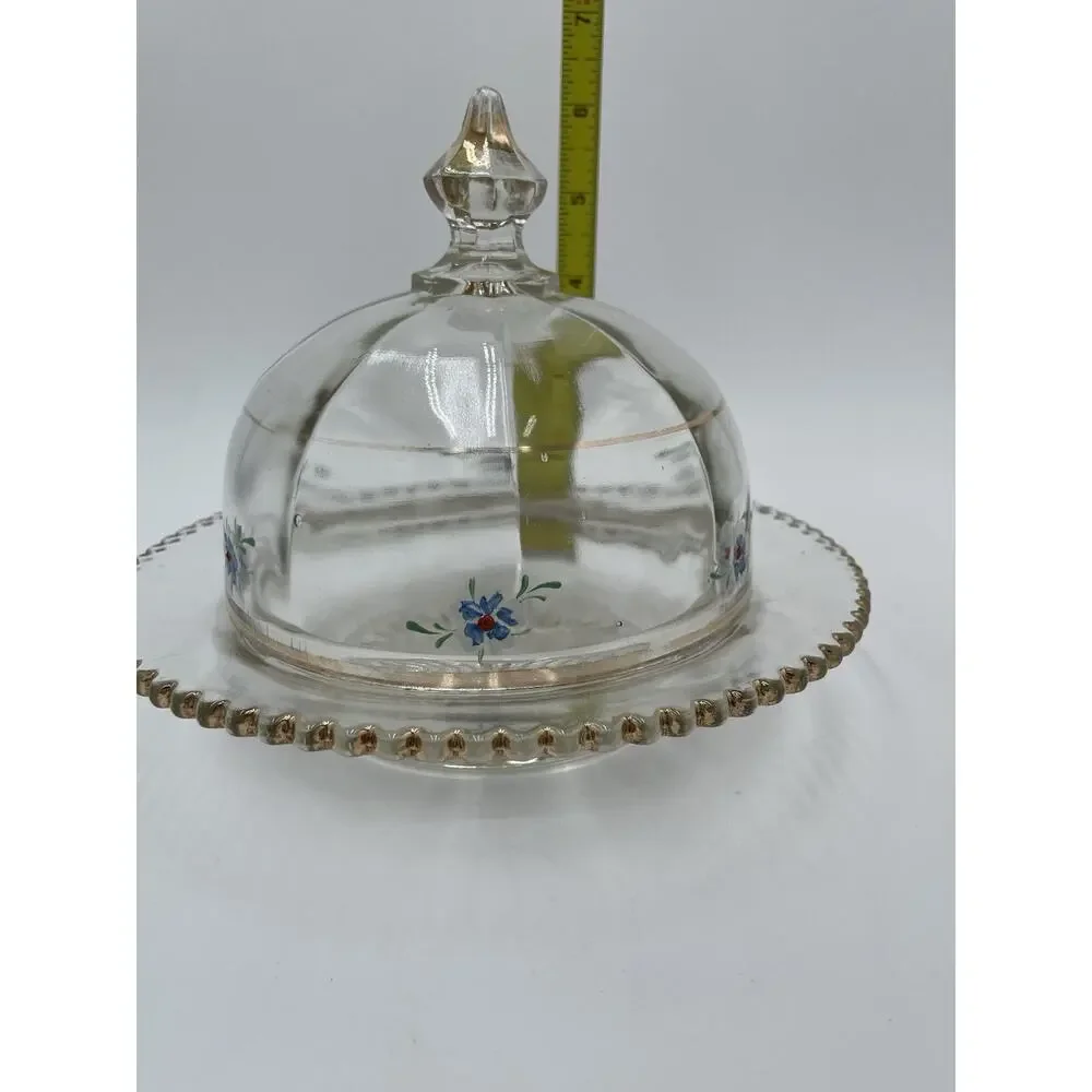 Vintage Glass Dome Butter Dish Hand Painted Blue Flowers Gold Trim